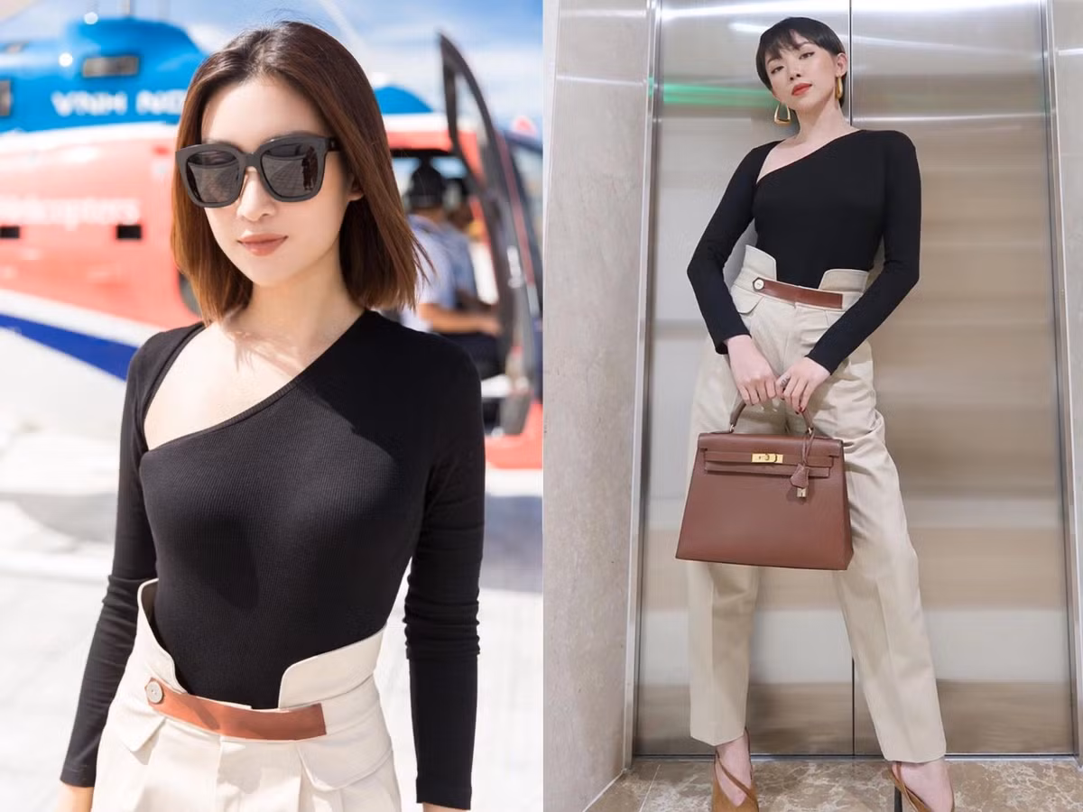 Khi diện set đồ công sở như Hoa hậu Đỗ Mỹ Linh, Tóc Tiên phối thêm phụ kiện cùng tông màu để bộ đồ bớt đơn điệu.