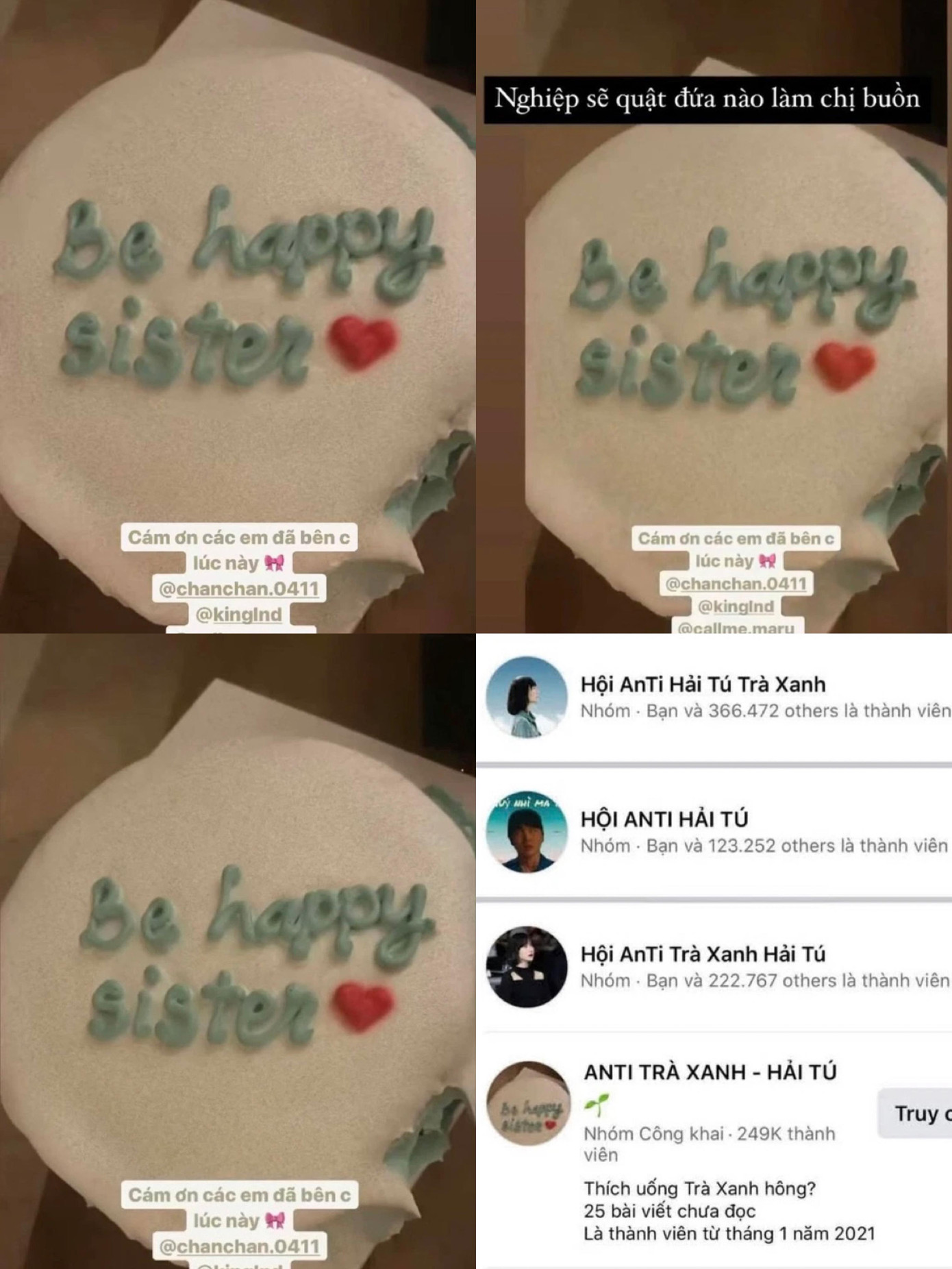 Chiếc bánh kem trà xanh khiến Hải Tú bị lập hàng loạt group anti. Ảnh tổng hợp từ Internet.