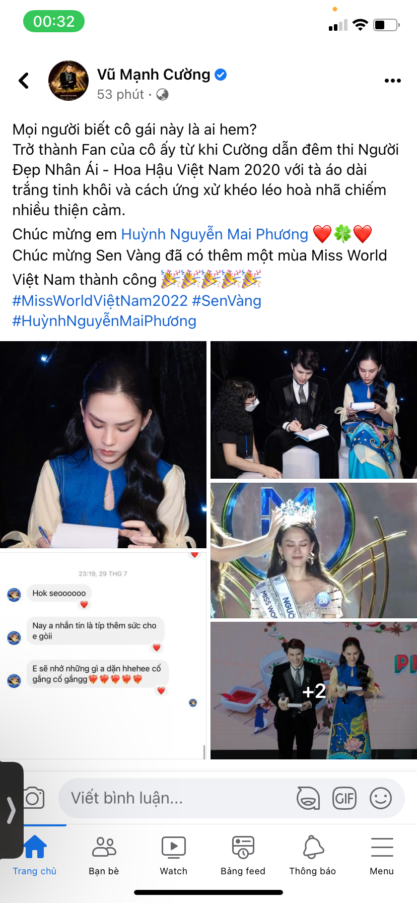 Làm việc với Mai Phương từ lâu, vào khoảnh khắc người đẹp đăng quang, MC Mạnh Cường hào hứng nhận là fan của Mai Phương bởi sự khéo léo và thân thiện của nàng hậu.