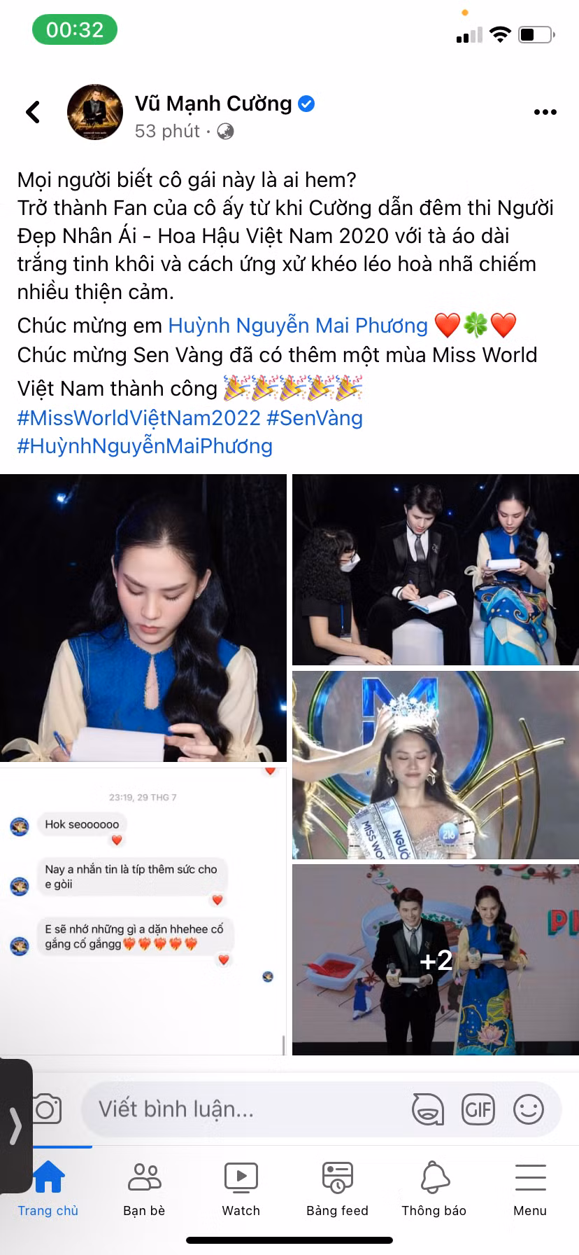 Làm việc với Mai Phương từ lâu, vào khoảnh khắc người đẹp đăng quang, MC Mạnh Cường hào hứng nhận là fan của Mai Phương bởi sự khéo léo và thân thiện của nàng hậu.
