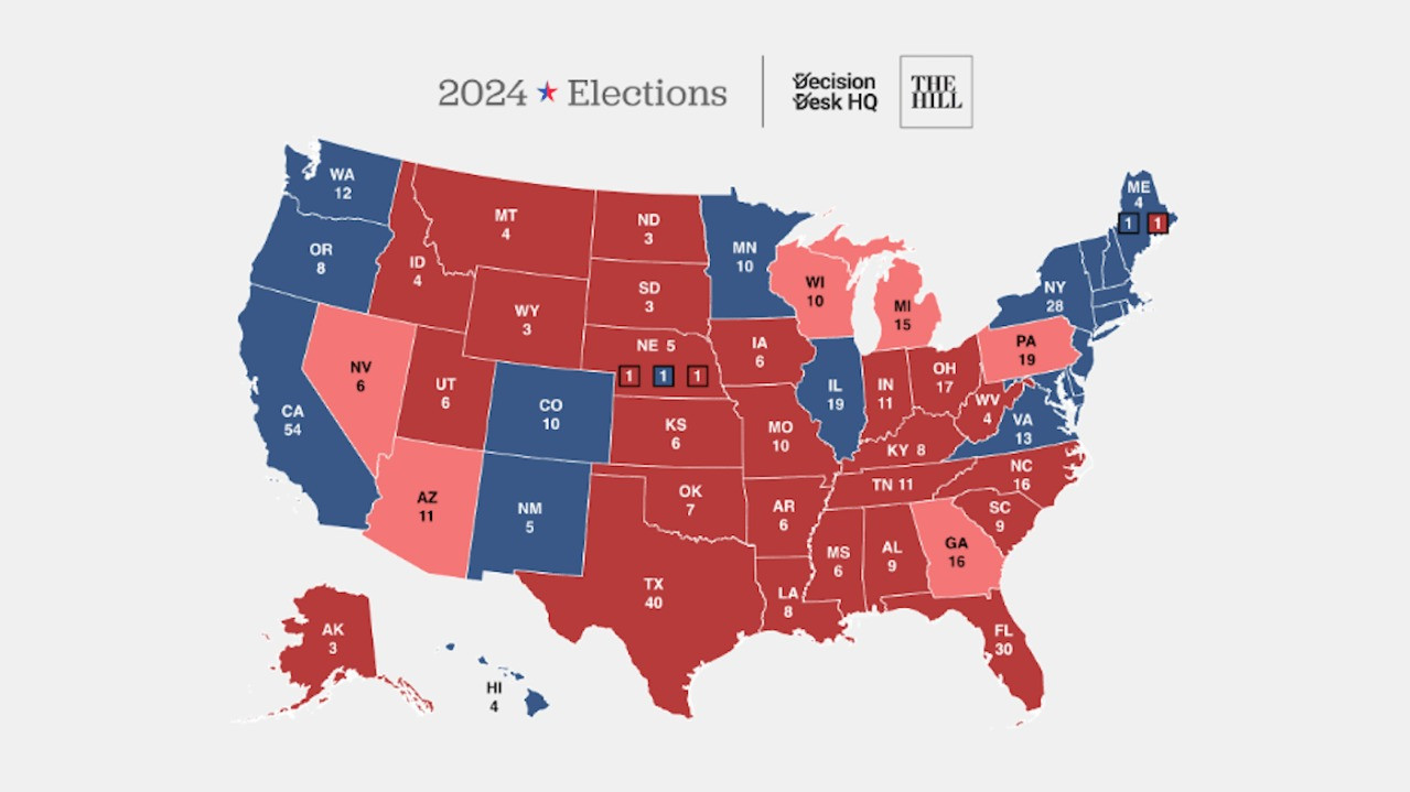Số phiếu đại cử tri tương ứng của từng bang. (Đồ hoạ: The Hill) Số phiếu đại cử tri tương ứng của từng bang. (Đồ hoạ: The Hill)