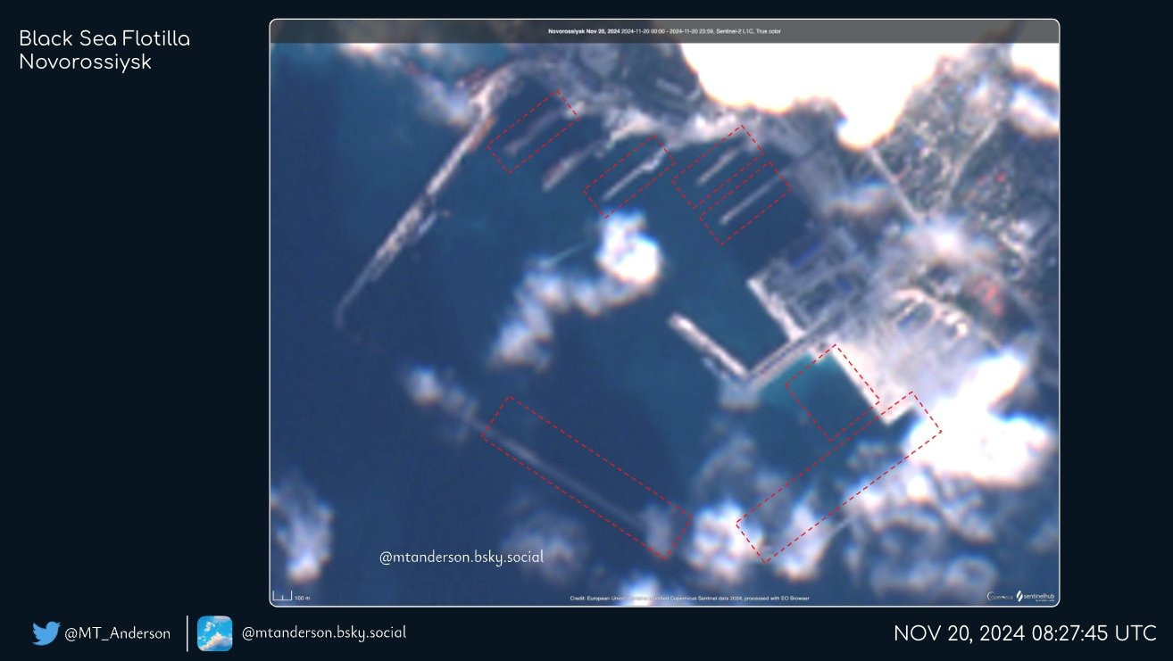 Ảnh vệ tinh về căn cứ của Hạm đội Biển Đen ở Novorossiysk. (Ảnh: X) Ảnh vệ tinh về căn cứ của Hạm đội Biển Đen ở Novorossiysk. (Ảnh: X)