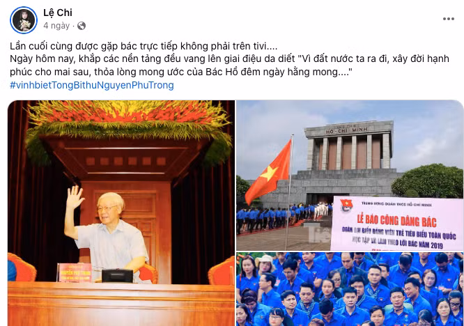 Lệ Chi bày tỏ cảm xúc trên trang cá nhân khi biết tin Tổng Bí thư Nguyễn Phú Trọng từ trần. Lệ Chi bày tỏ cảm xúc trên trang cá nhân khi biết tin Tổng Bí thư Nguyễn Phú Trọng từ trần.