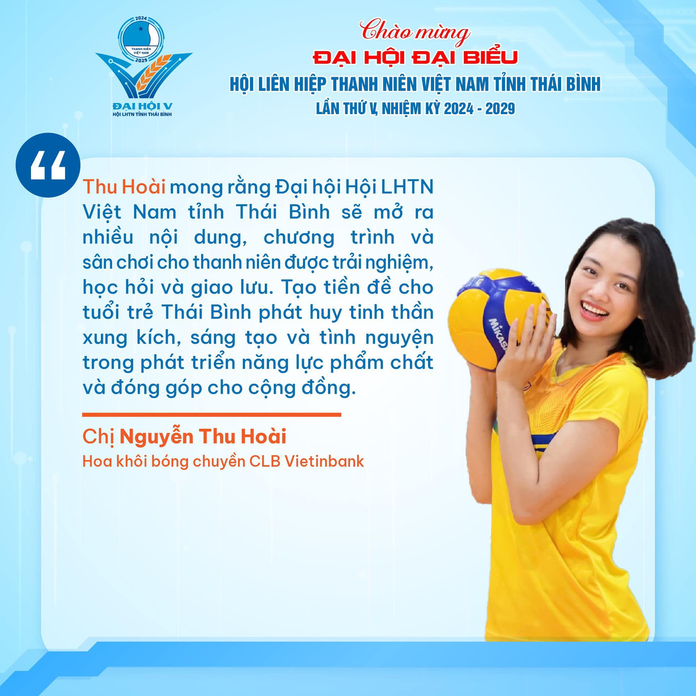 Hoa khôi bóng chuyền Thu Hoài gửi gắm kỳ vọng tới Đại hội. Ảnh: BTC Hoa khôi bóng chuyền Thu Hoài gửi gắm kỳ vọng tới Đại hội. Ảnh: BTC