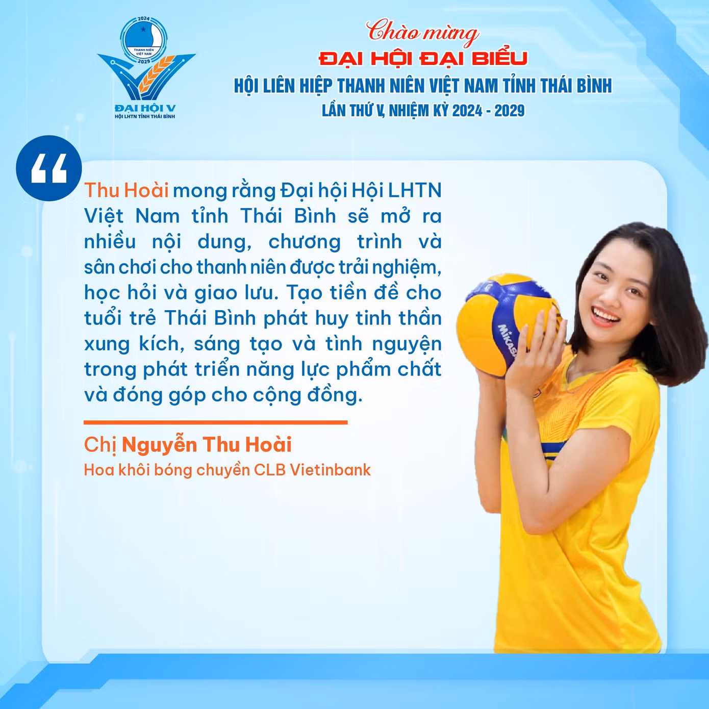 Hoa khôi bóng chuyền Thu Hoài gửi gắm kỳ vọng tới Đại hội. Ảnh: BTC Hoa khôi bóng chuyền Thu Hoài gửi gắm kỳ vọng tới Đại hội. Ảnh: BTC