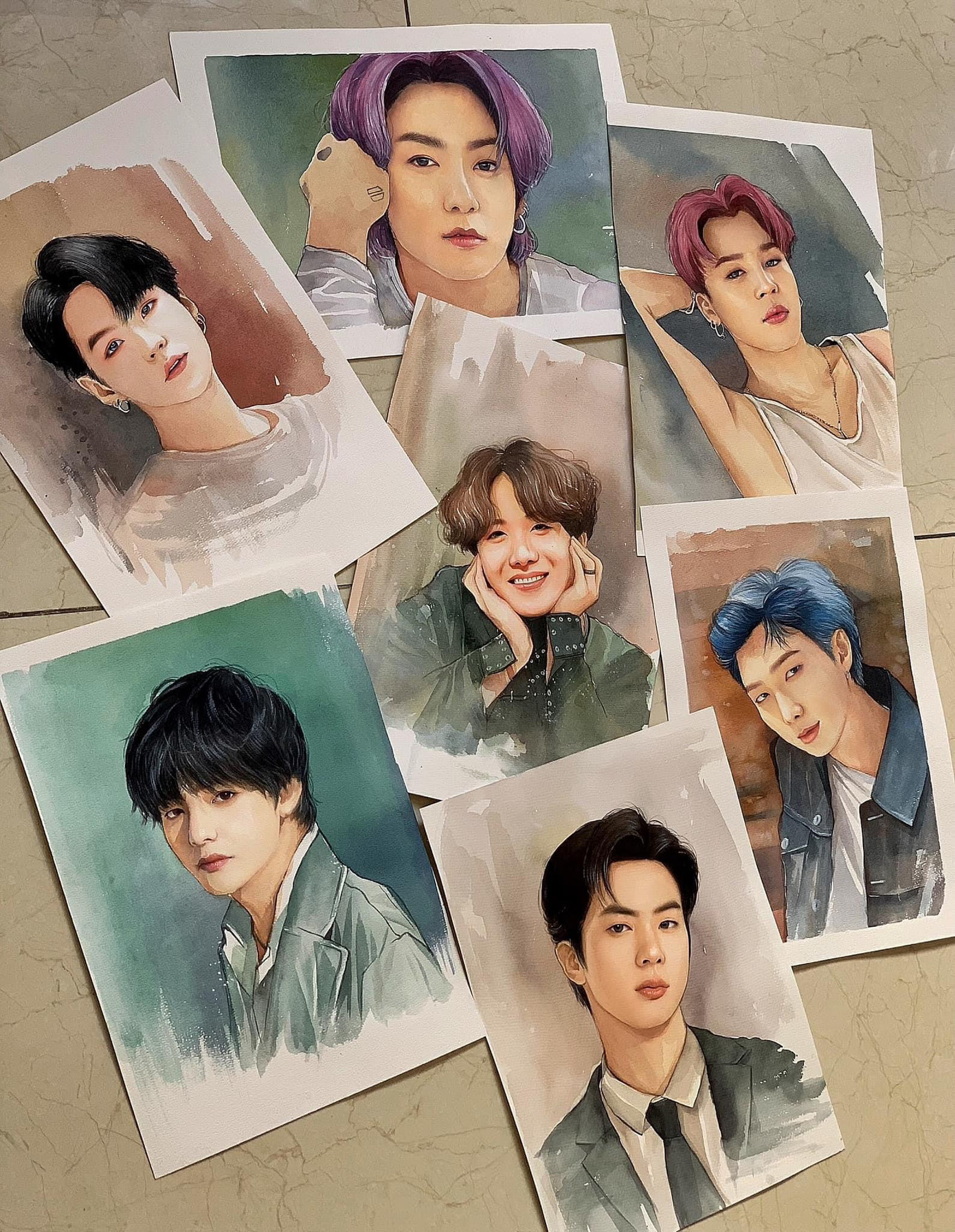 Các thành viên nhóm nhạc BTS qua nét vẽ của Vẹn. Các thành viên nhóm nhạc BTS qua nét vẽ của Vẹn.