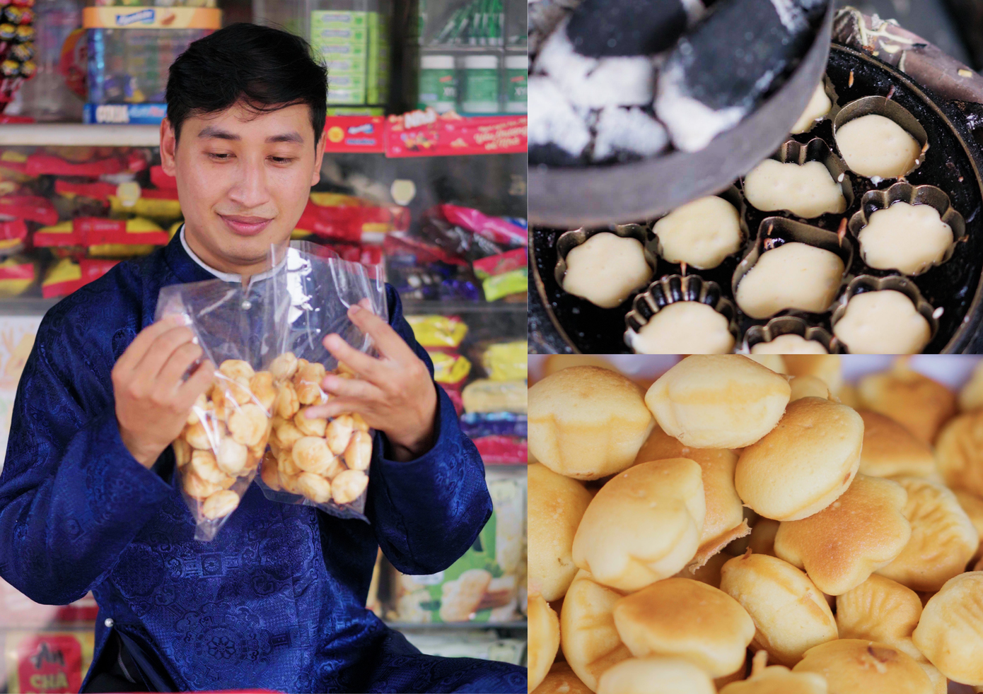 Hữu Quý thử sức với công việc làm bánh thuẫn nóng mềm mềm, ngọt thơm.