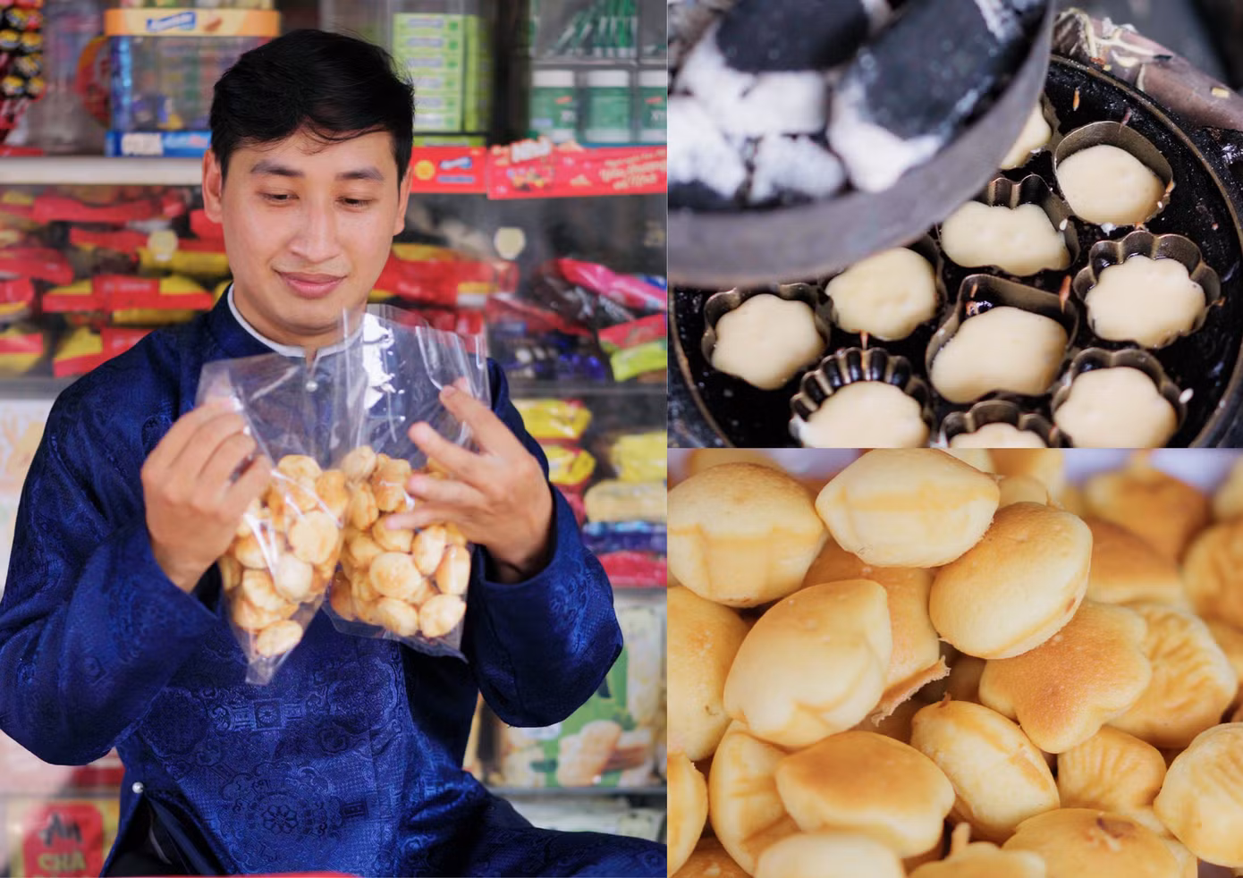 Hữu Quý thử sức với công việc làm bánh thuẫn nóng mềm mềm, ngọt thơm.