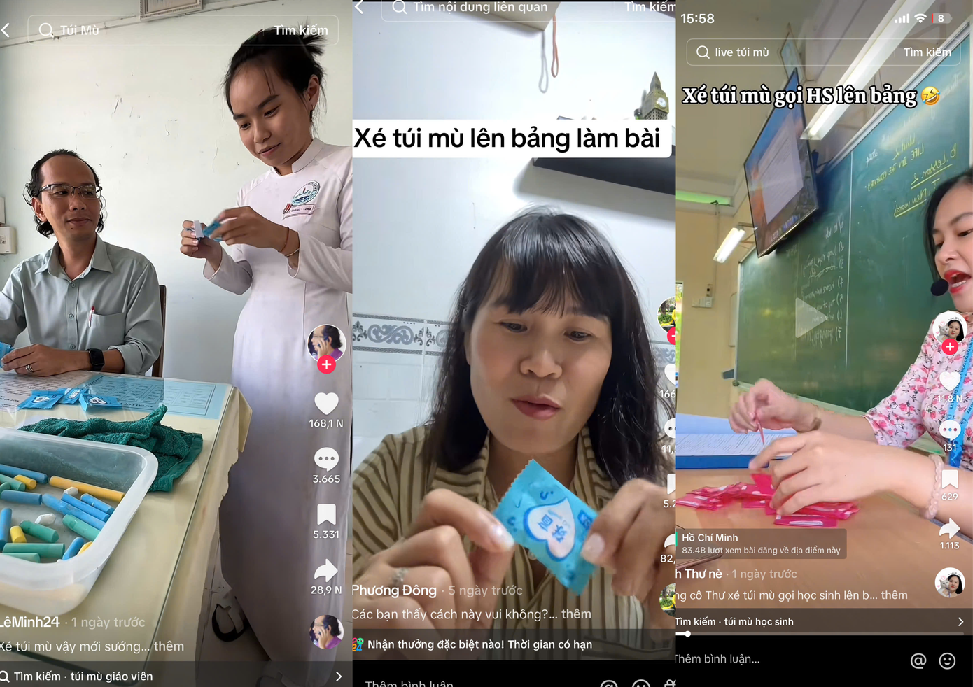 Giáo viên 'bắt trend' xé 'túi mù' gọi học sinh lên bảng trả bài. Ảnh chụp màn hình Giáo viên 'bắt trend' xé 'túi mù' gọi học sinh lên bảng trả bài. Ảnh chụp màn hình