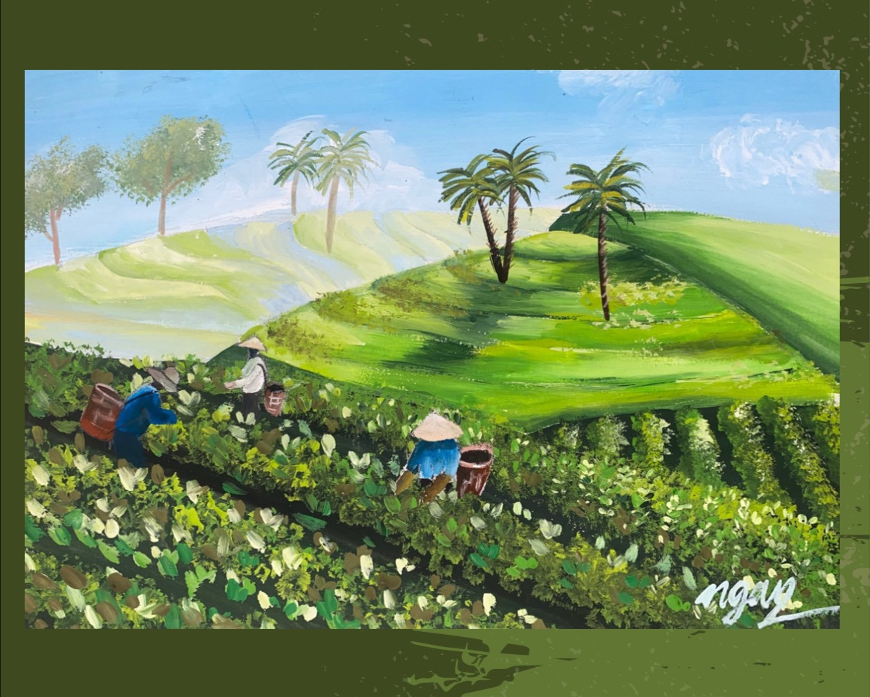 Bức tranh được Khánh Ngân vẽ trong portfolio về vẻ đẹp đồi chè Thái Nguyên