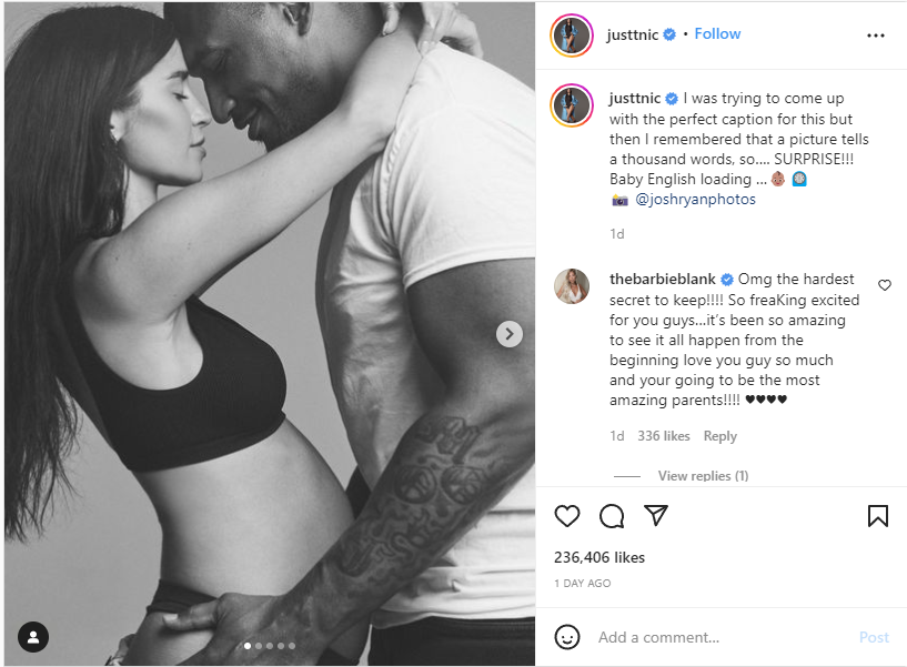 Cựu cầu thủ bóng bầu dục Larry English cách đây 1 ngày tung ảnh cặp đôi lên Instagram cá nhân thông báo về việc sắp có con đầu lòng và nhận hàng ngàn lời chúc mừng.