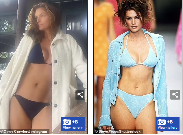 Cindy Crawford hiện tại và ảnh chụp năm 1995 (phải)