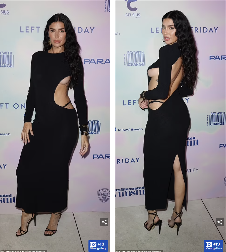 Cô diện chiếc đầm đen ôm sát cơ thể, cắt xẻ phần hông và ngực táo bạo.