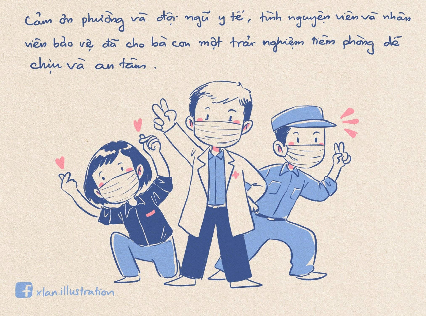 Bộ tranh là lời cảm ơn đến các "chiến sĩ" tuyến đầu, cũng phần nào cổ vũ mọi người nên tiêm phòng sớm để xã hội có thể ổn định.