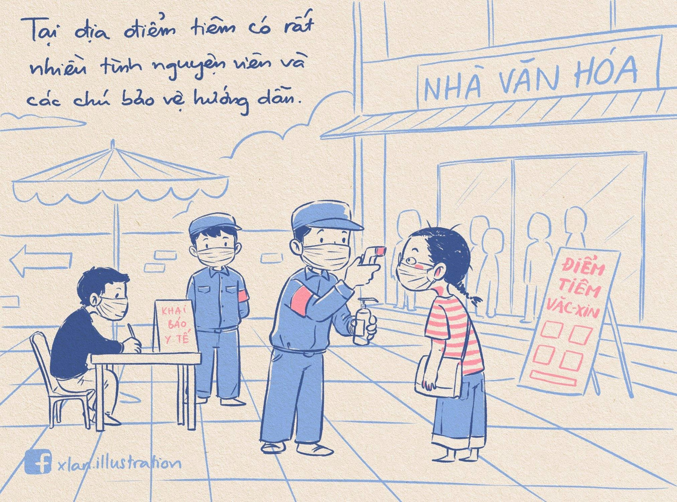 Các địa điểm tiêm vắc-xin đều được kiểm tra thân nhiệt và có người chỉ dẫn cụ thể.