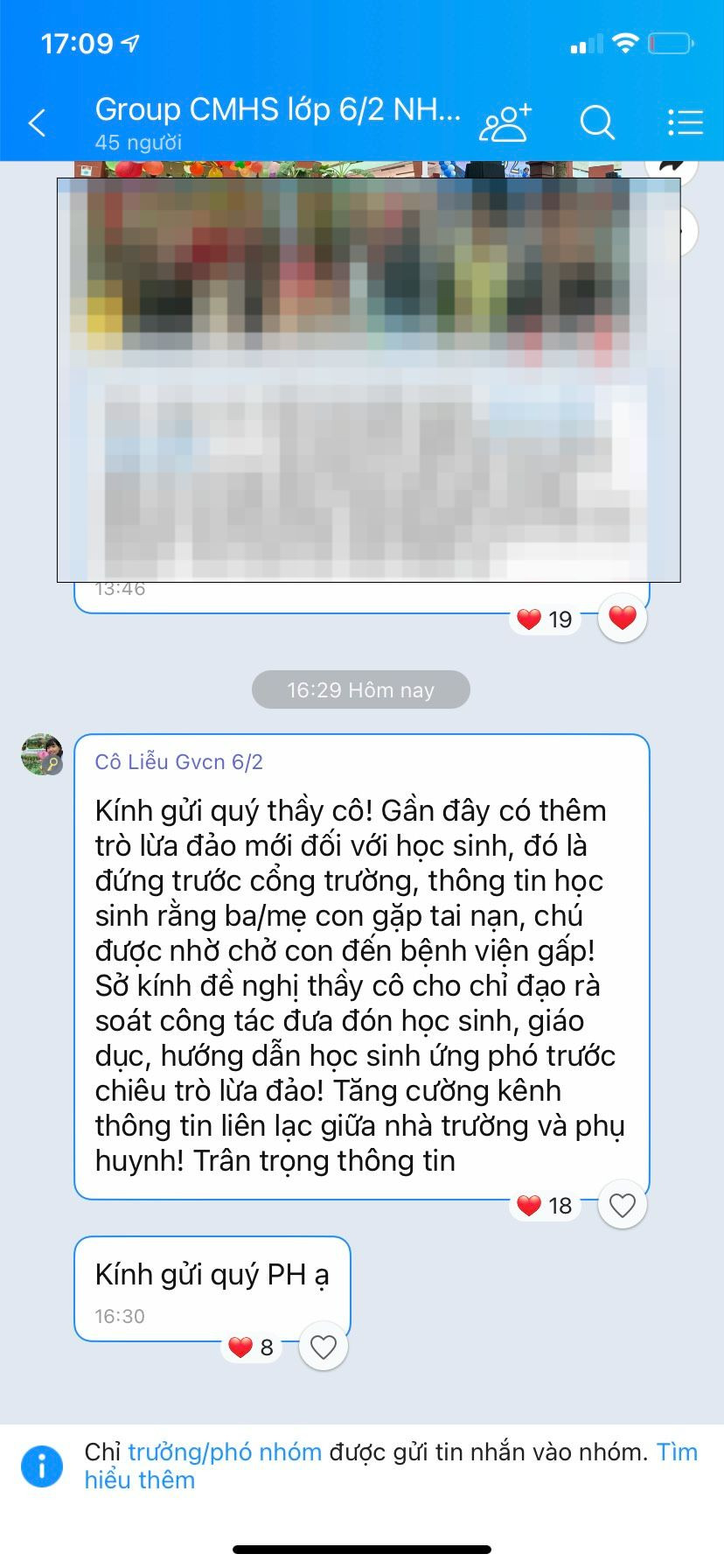 Nội dung tin nhắn cảnh báo trên một nhóm chat của phụ huynh Nội dung tin nhắn cảnh báo trên một nhóm chat của phụ huynh