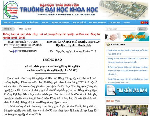 Lời xin lỗi và biện pháp khắc phục được đăng trên website của ĐH Khoa học. Ảnh chụp màn hình