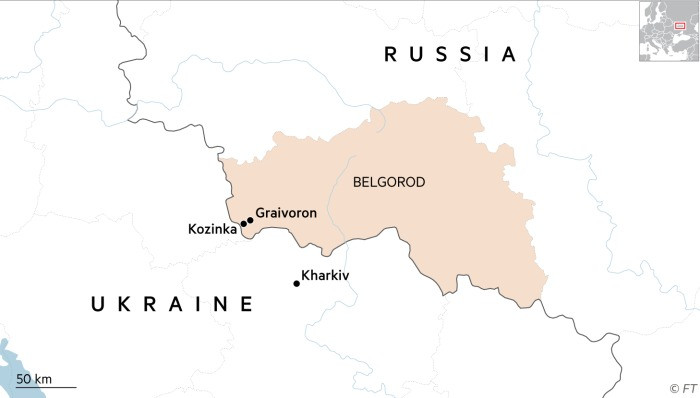 Vùng Belgorod (Nga) giáp Kharkiv (Ukraine) và thường xuyên hứng chịu các cuộc tấn công bằng đạn pháo, máy bay không người lái. Bản đồ: FT