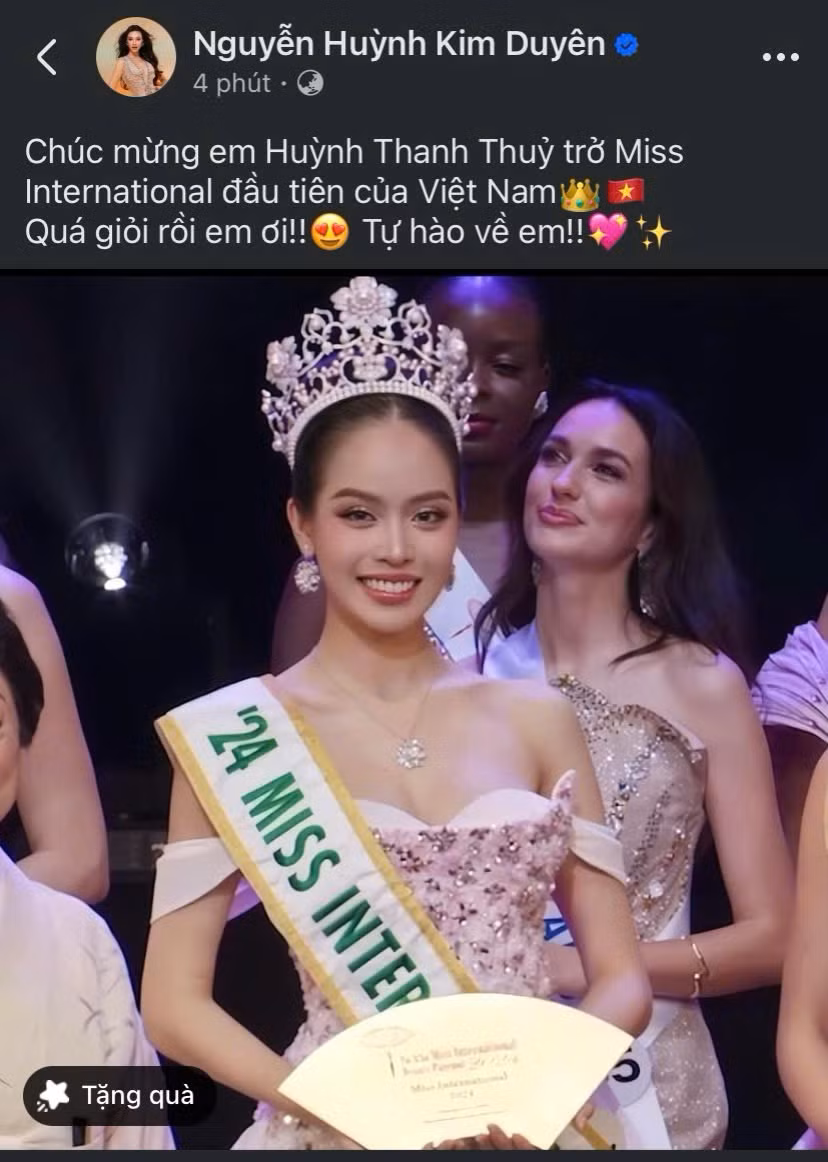 Á hậu Kim Duyên gửi lời chúc mừng và tự hào với chiến thắng của Thanh Thủy. Á hậu Kim Duyên gửi lời chúc mừng và tự hào với chiến thắng của Thanh Thủy.