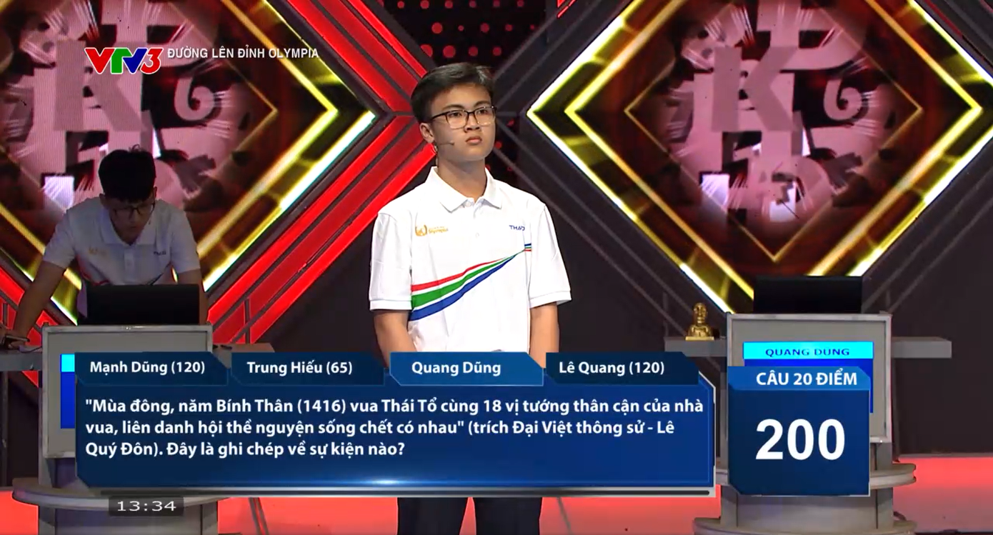 Quang Dũng lấy lại phong độ nhờ câu hỏi lịch sử cuối cùng. Quang Dũng lấy lại phong độ nhờ câu hỏi lịch sử cuối cùng.