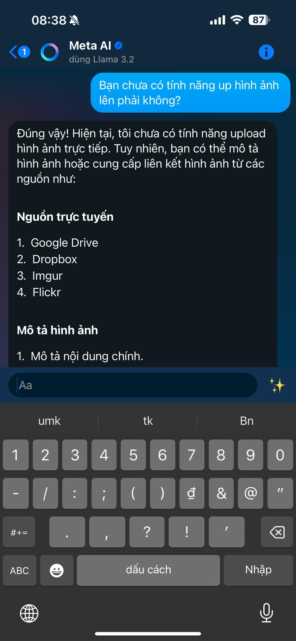 Hiện Meta AI vẫn chưa cho phép tải hình ảnh để phân tích. Ảnh: Nguyen Loi Hiện Meta AI vẫn chưa cho phép tải hình ảnh để phân tích. Ảnh: Nguyen Loi