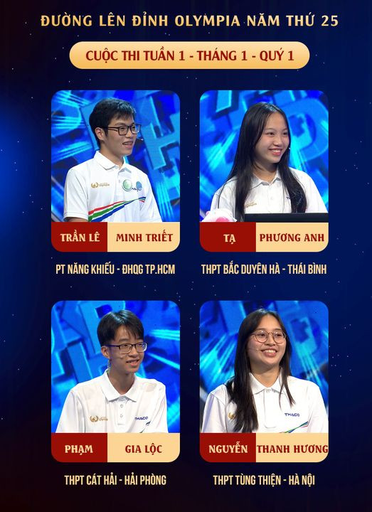 Bốn thí sinh mở màn tại cuộc thi Tuần 1 - Tháng 1 - Quý 1 Olympia năm thứ 25. Nguồn: Fanpage Đường Lên Đỉnh Olympia