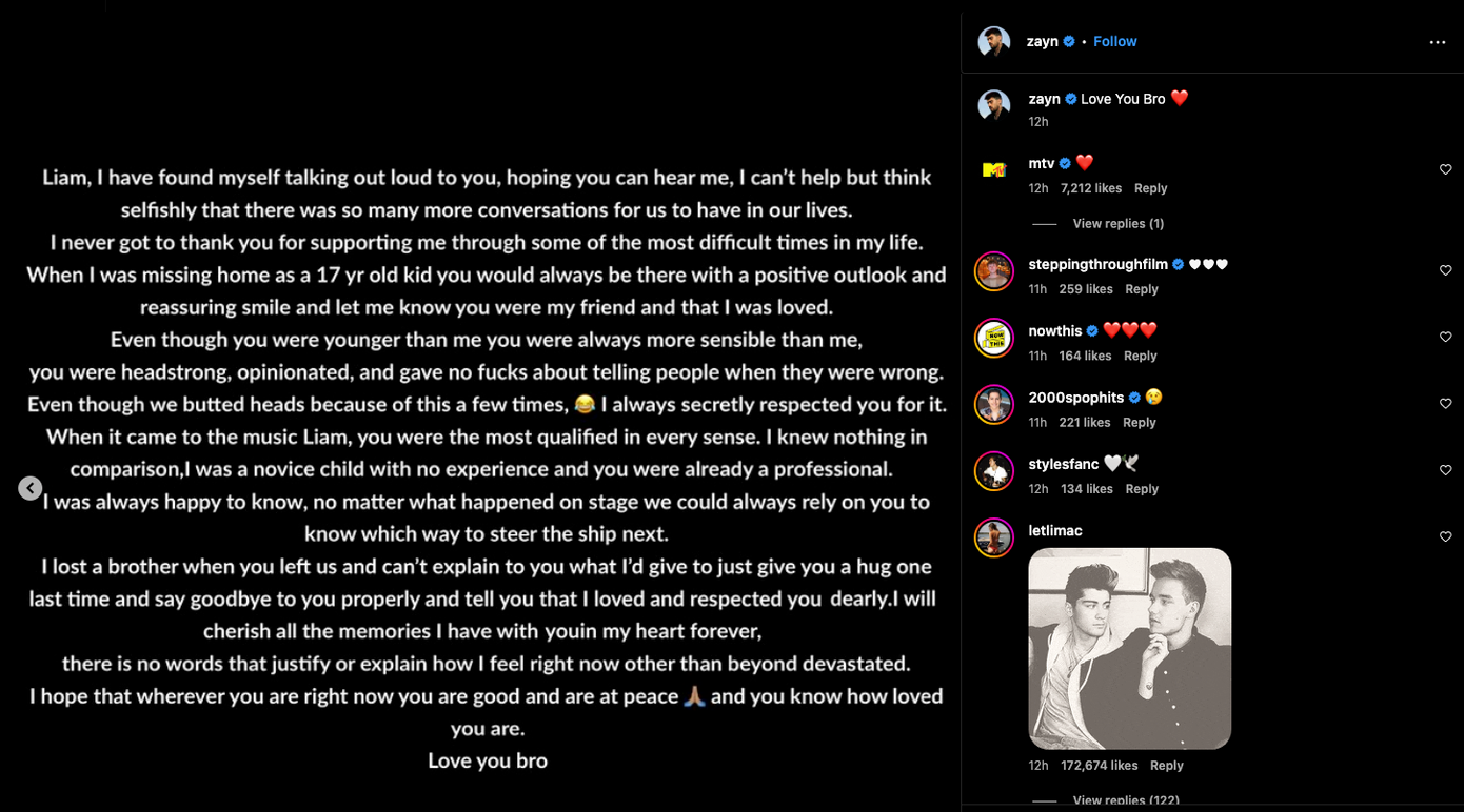 Zayn Malik chia sẻ sự tiếc nuối khi không thể nói lời tạm biệt trọn vẹn với Liam. Zayn Malik chia sẻ sự tiếc nuối khi không thể nói lời tạm biệt trọn vẹn với Liam.