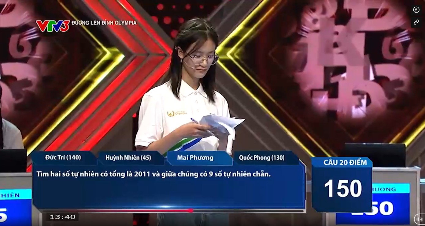 Mai Phương vươn lên dẫn đầu sau một câu hỏi chính xác, tuy nhiên đã mất điểm vào tay Quốc Phong ở hai câu hỏi tiếp theo. Mai Phương vươn lên dẫn đầu sau một câu hỏi chính xác, tuy nhiên đã mất điểm vào tay Quốc Phong ở hai câu hỏi tiếp theo.