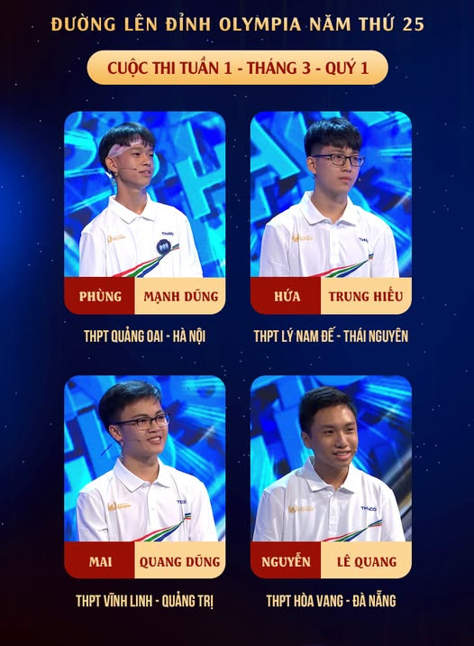 Cuộc thi Tuần 1 - Tháng 3 - Quý 1 với sự xuất hiện của 4 "anh tài" ưu tú. Nguồn: Fanpage Đường Lên Đỉnh Olympia Cuộc thi Tuần 1 - Tháng 3 - Quý 1 với sự xuất hiện của 4 "anh tài" ưu tú. Nguồn: Fanpage Đường Lên Đỉnh Olympia