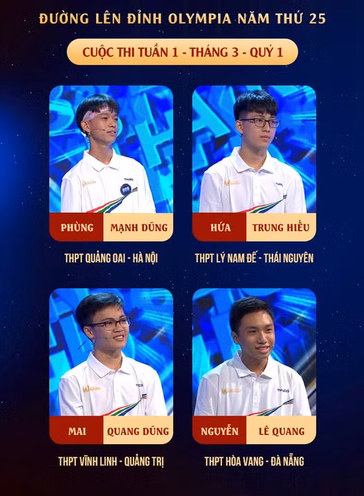 Cuộc thi Tuần 1 - Tháng 3 - Quý 1 với sự xuất hiện của 4 "anh tài" ưu tú. Nguồn: Fanpage Đường Lên Đỉnh Olympia