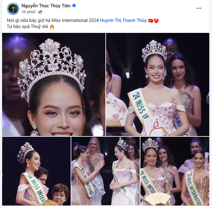Hoa hậu Thùy Tiên quá tự hào khi Thanh Thủy trở thành tân Hoa hậu Quốc tế 2024. Hoa hậu Thùy Tiên quá tự hào khi Thanh Thủy trở thành tân Hoa hậu Quốc tế 2024.