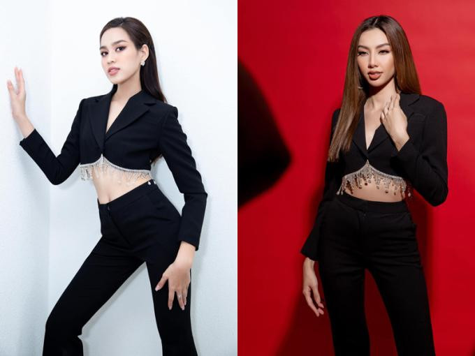 Cặp hoa hậu còn từng 'đụng hàng' thiết kế suit khoe vòng eo "con kiến" với chi tiết tua rua độc đáo làm điểm nhấn.