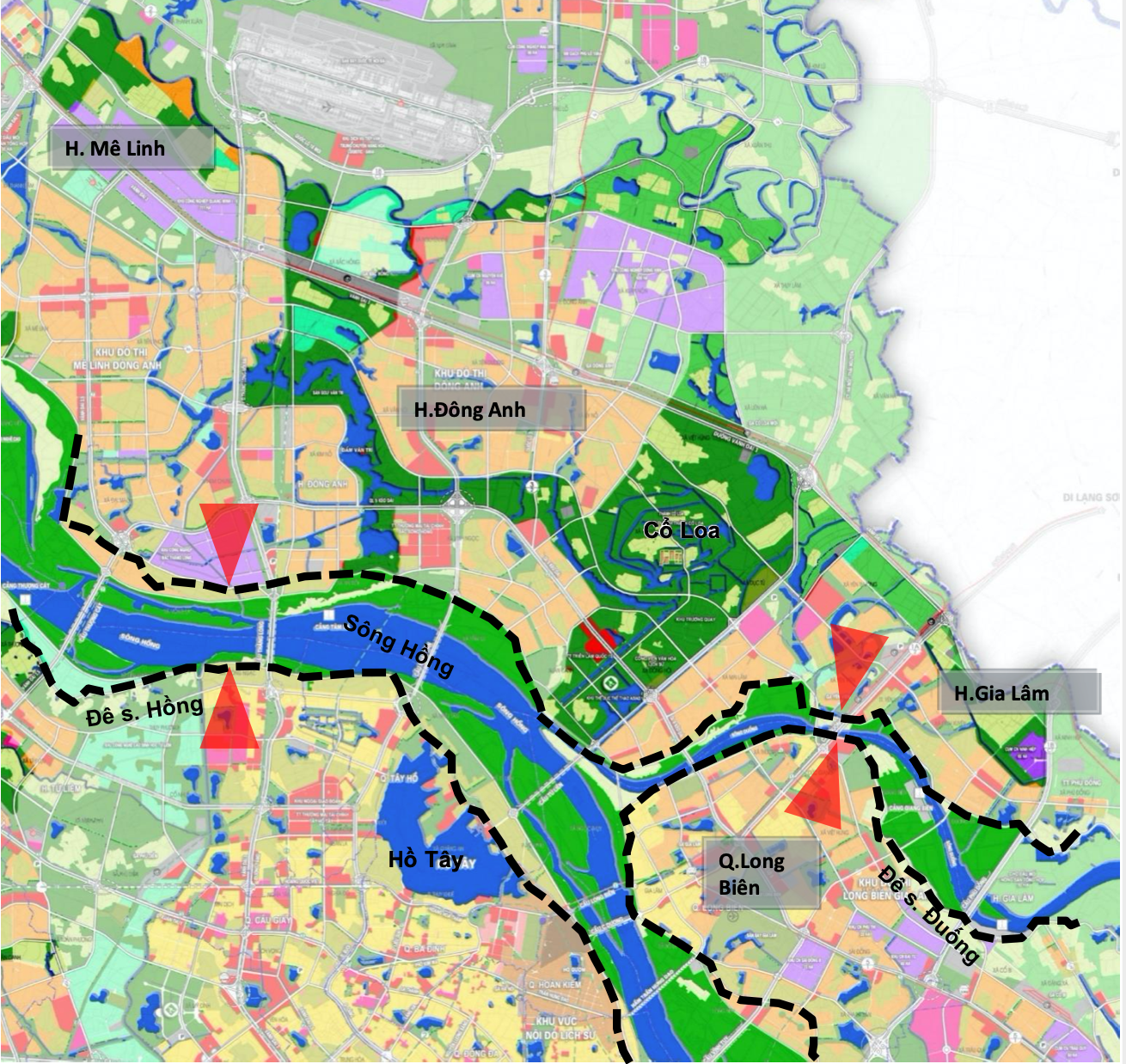 Trong khi đó, phân khu đô thị sông Đuống được định hướng quy hoạch bổ trợ cho cảnh quan trung tâm của phía Bắc sông Hồng, là nơi bố trí các công trình đầu mối đường thủy, hành lang sinh thái, cây xanh phòng hộ.