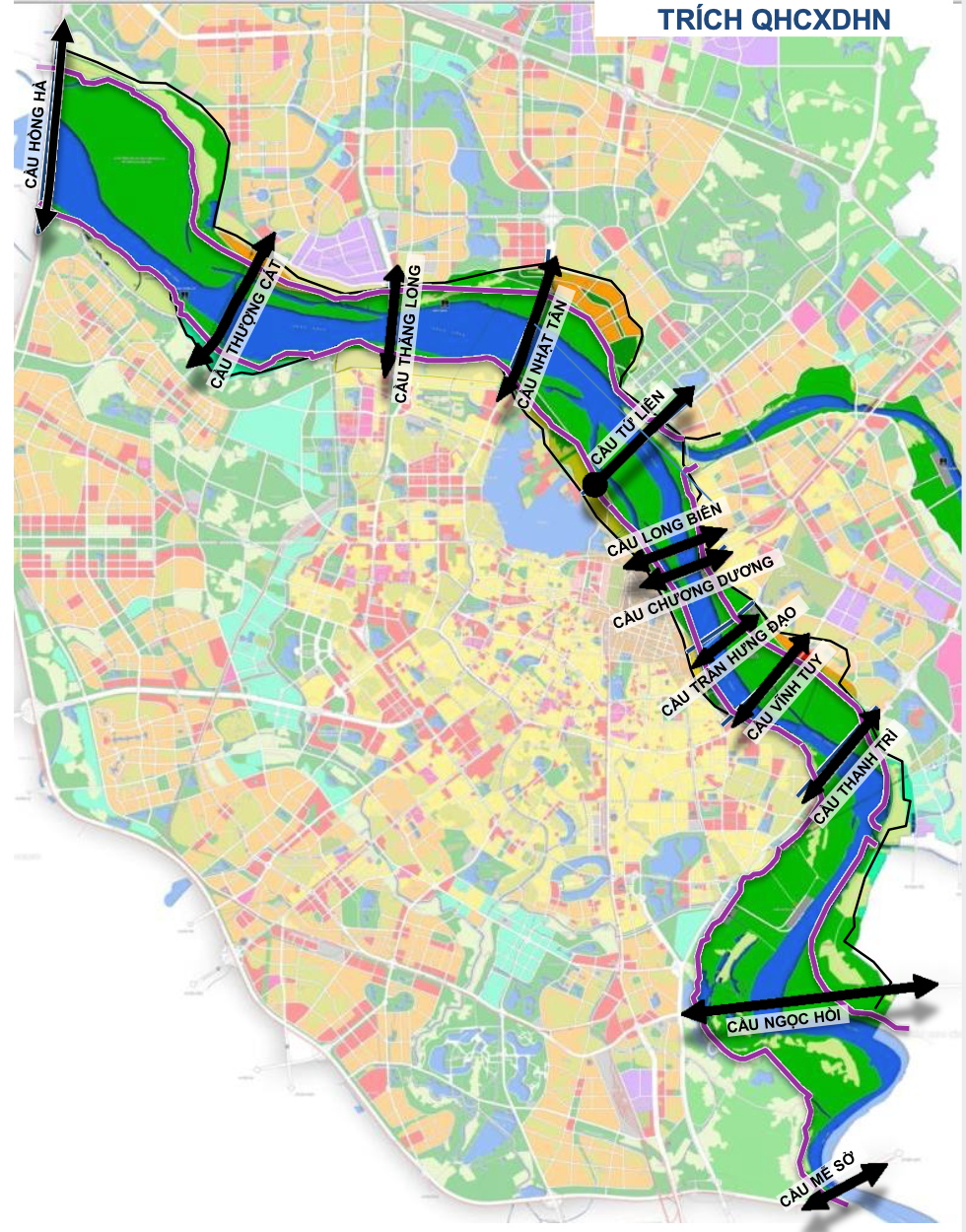 Quy hoạch phân khu sông Hồng kéo dài từ cầu Hồng Hà đến cầu Mễ Sở, nơi sẽ có 12 cây cầu bắc qua sông