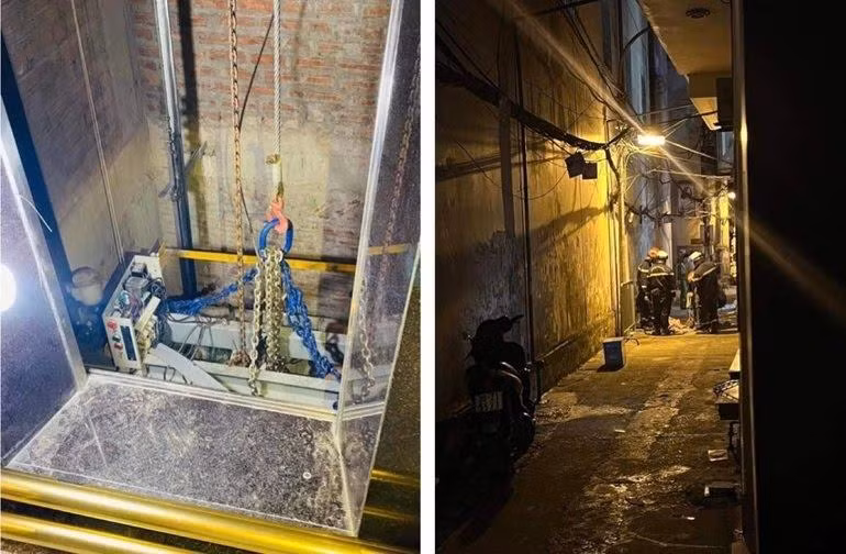Hiện trường vụ rơi thang máy. Ảnh DH
