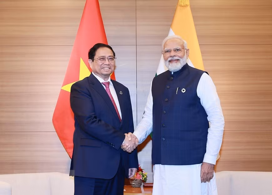 Thủ tướng Phạm Minh Chính gặp Thủ tướng Ấn Độ Narendra Modi. (Ảnh: Dương Giang/TTXVN) Thủ tướng Phạm Minh Chính gặp Thủ tướng Ấn Độ Narendra Modi. (Ảnh: Dương Giang/TTXVN)