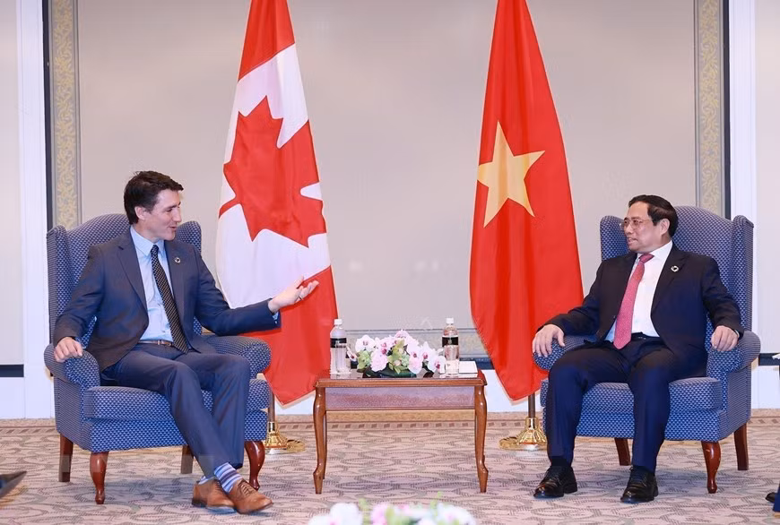 Thủ tướng Phạm Minh Chính gặp Thủ tướng Canada Justin Trudeau. (Ảnh: Dương Giang/TTXVN) Thủ tướng Phạm Minh Chính gặp Thủ tướng Canada Justin Trudeau. (Ảnh: Dương Giang/TTXVN)