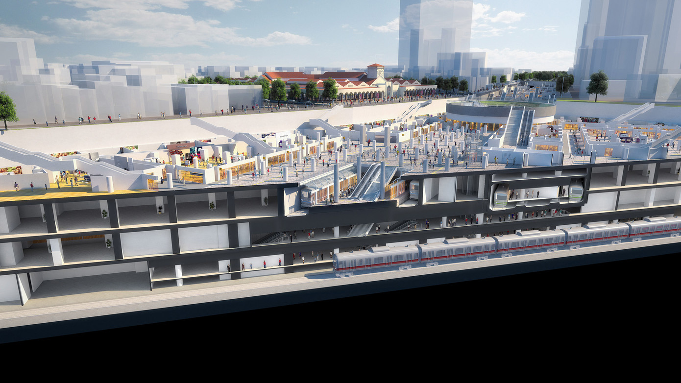 Nhà ga trung tâm Bến Thành tuyến metro số 1 được thiết kế 4 tầng ngầm với chiều sâu khoảng 30 m, rộng 45 m và dài 235 m. Ảnh phối cảnh: Ban Quản lý Đường sắt đô thị TPHCM (MAUR)