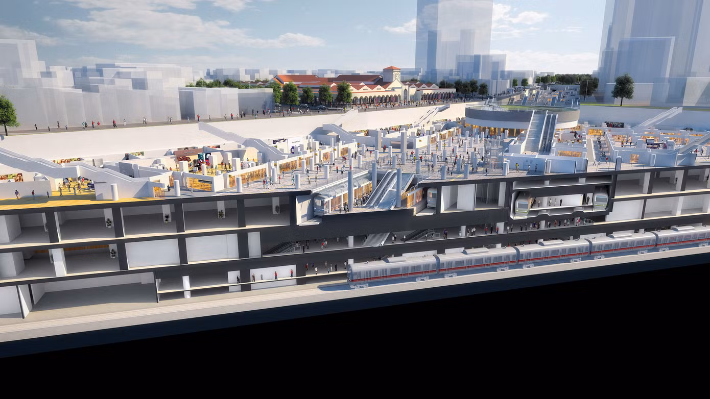 Nhà ga trung tâm Bến Thành tuyến metro số 1 được thiết kế 4 tầng ngầm với chiều sâu khoảng 30 m, rộng 45 m và dài 235 m. Ảnh phối cảnh: Ban Quản lý Đường sắt đô thị TPHCM (MAUR)