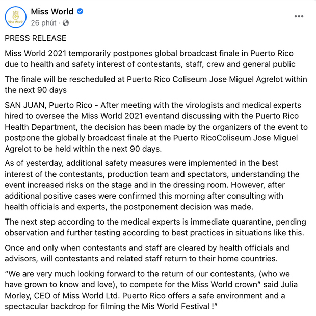 Thông báo hoãn tổ chức đêm chung kết của BTC Miss World. Thông báo hoãn tổ chức đêm chung kết của BTC Miss World.