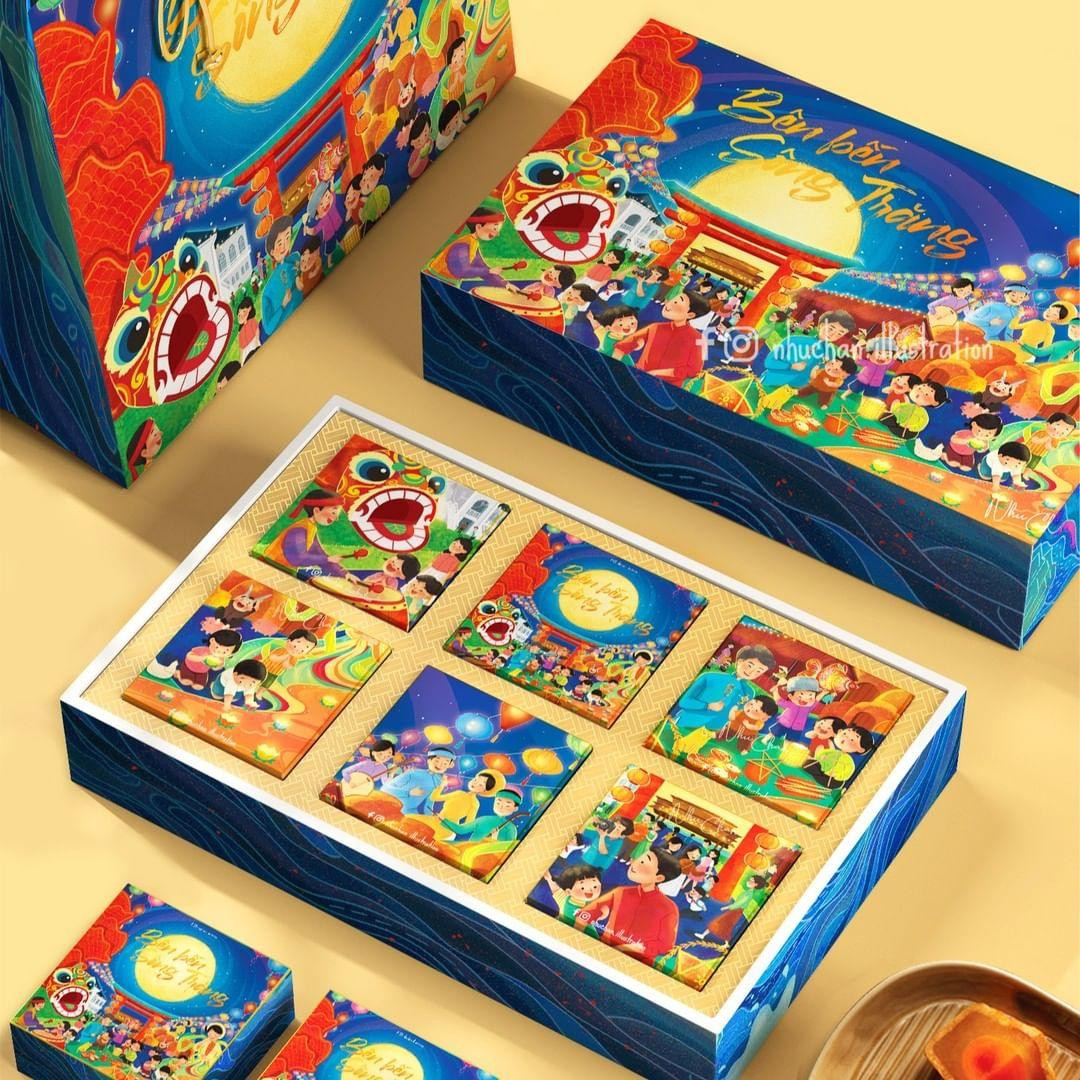 Trung Thu hiện đại nhưng vẫn đậm nét truyền thống cũng trở thành ý tưởng cho người thiết kế hộp bánh. Ảnh: Nhuchan Illustration