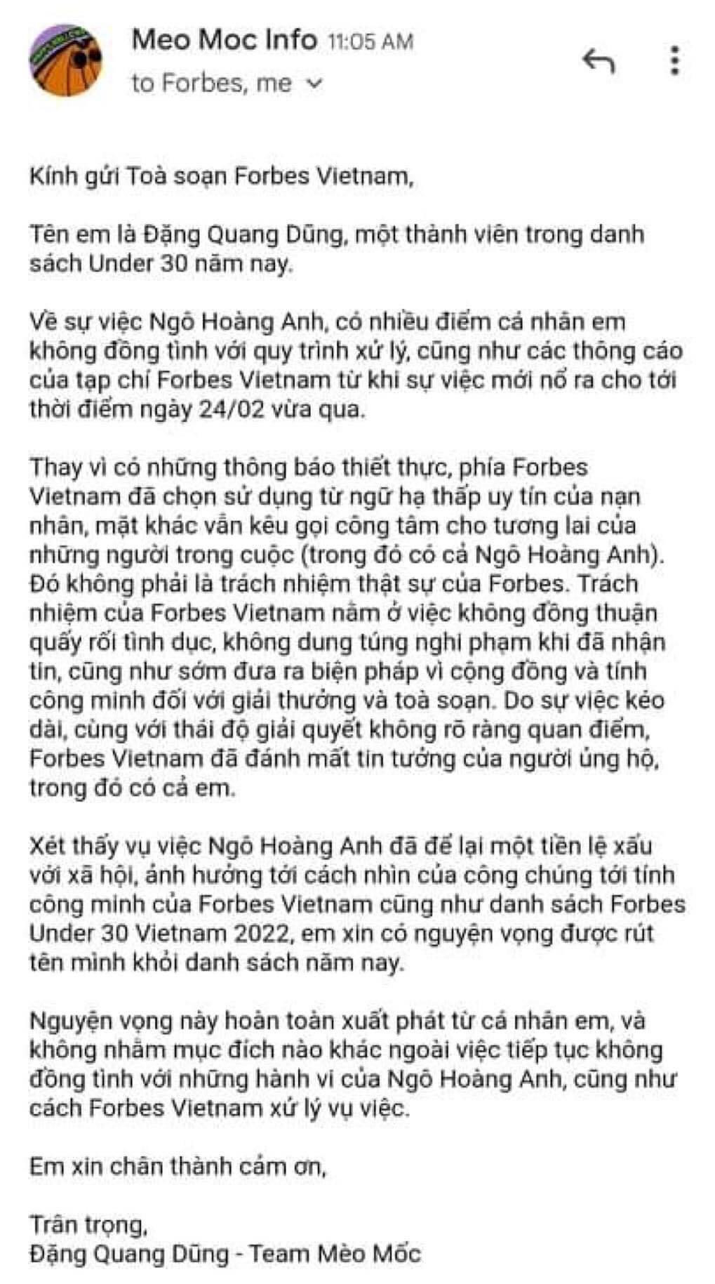 Hình ảnh email team Mèo Mốc gửi đến tạp chí Forbes Việt Nam. Ảnh: FBNV