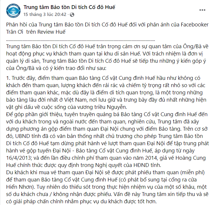 Trung tâm Bảo tồn Di tích Cố đô Huế đã có những đăng tải chính thức về vụ việc này.