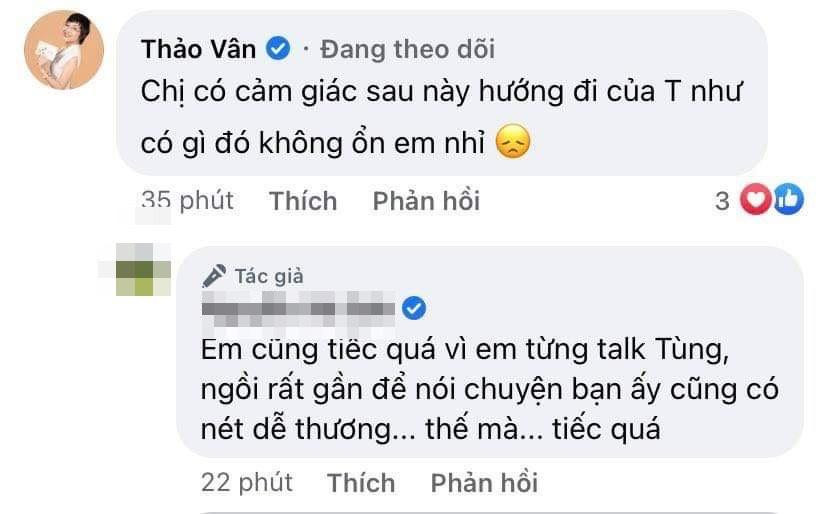 Bên dưới một bài viết, MC Thảo Vân cho rằng hướng đi của Sơn Tùng M-TP đang "có gì đó không ổn". Ảnh: FBNV Bên dưới một bài viết, MC Thảo Vân cho rằng hướng đi của Sơn Tùng M-TP đang "có gì đó không ổn". Ảnh: FBNV