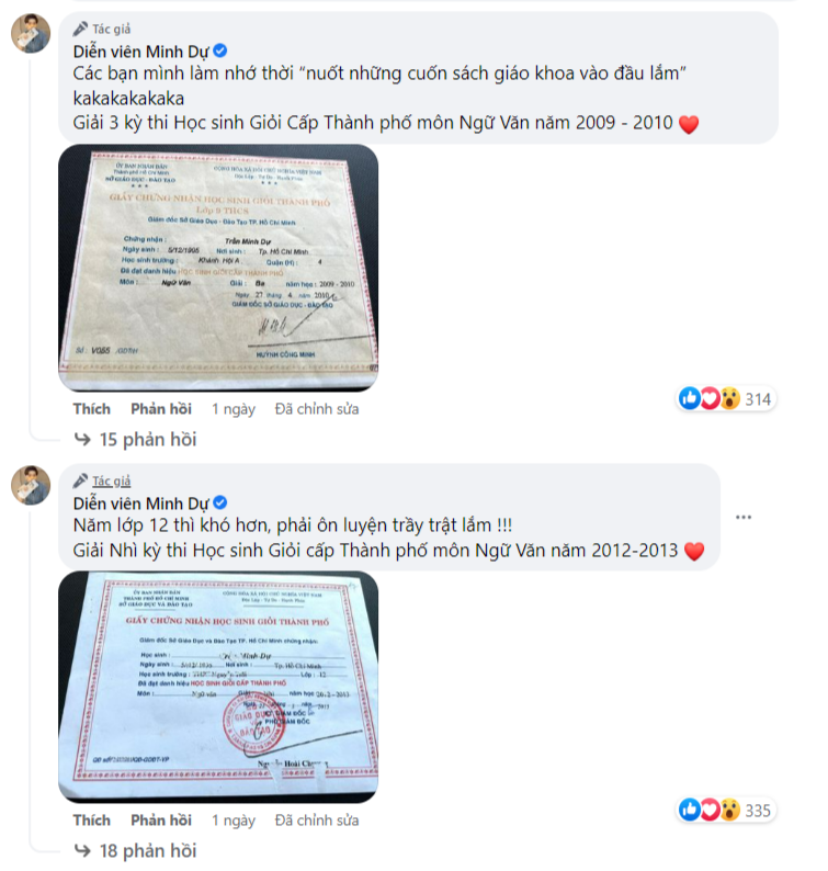 Khi còn ngồi trên ghế nhà trường, Minh Dự cũng chính là "con nhà người ta" khi đạt giải Ba và Nhì trong kỳ thi HSG cấp Thành phố. Ảnh: FBNV.