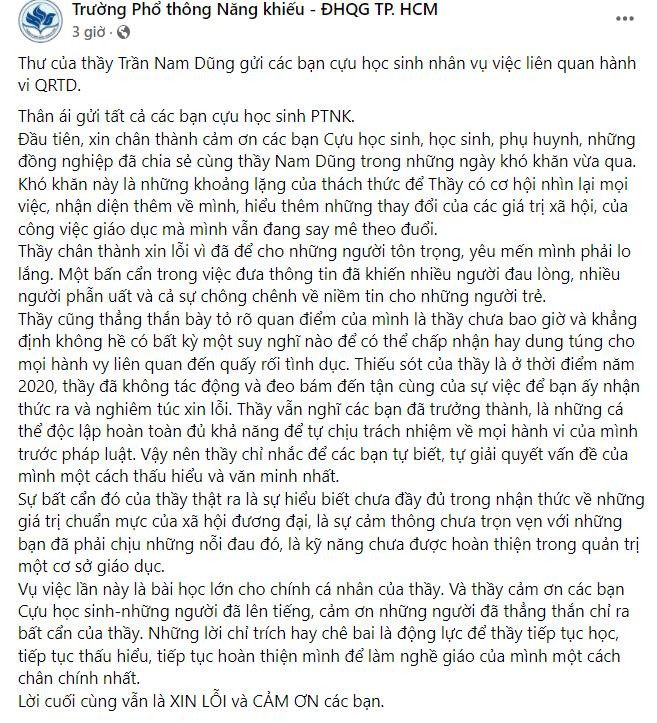 Thư xin lỗi của thầy Phó Hiệu trưởng trường PTNK.