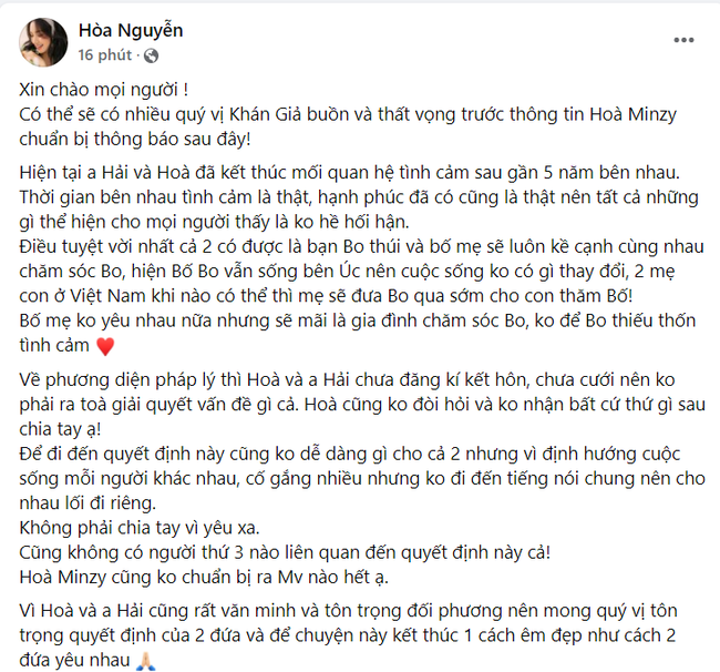 Tâm thư của Hòa Minzy gửi đến người hâm mộ. Ảnh: FBNV. Tâm thư của Hòa Minzy gửi đến người hâm mộ. Ảnh: FBNV.