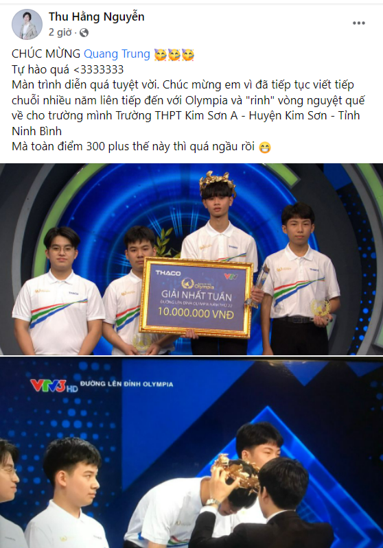 Trên trang cá nhân, Quán quân Olympia năm thứ 20 đã nhanh chóng gửi lời động viên đến "hậu bối" vì phần thi vừa qua. Ảnh: FBNV Trên trang cá nhân, Quán quân Olympia năm thứ 20 đã nhanh chóng gửi lời động viên đến "hậu bối" vì phần thi vừa qua. Ảnh: FBNV