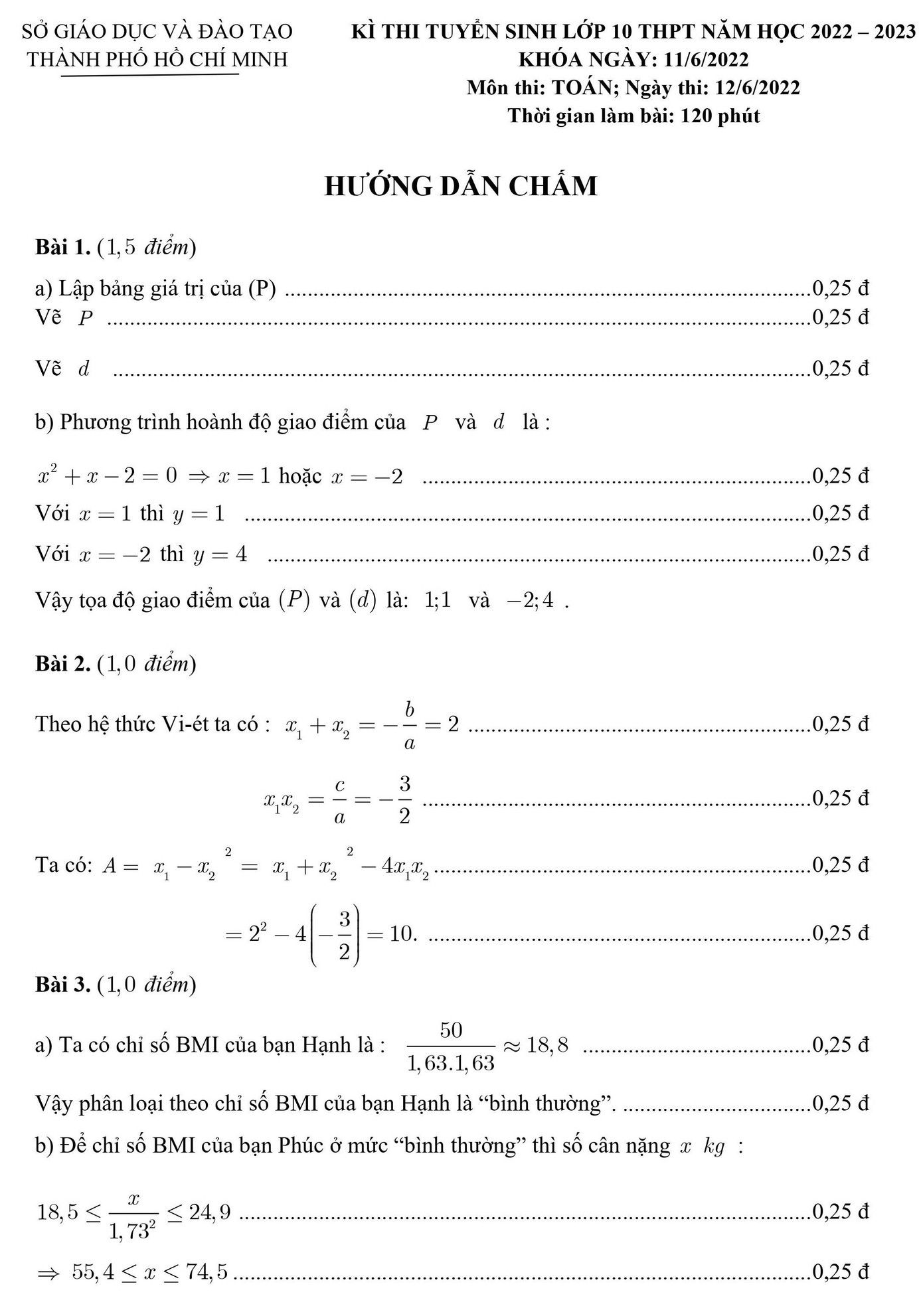 Đáp án chính thức môn Toán do Sở GD&amp;ĐT TP.HCM công bố.