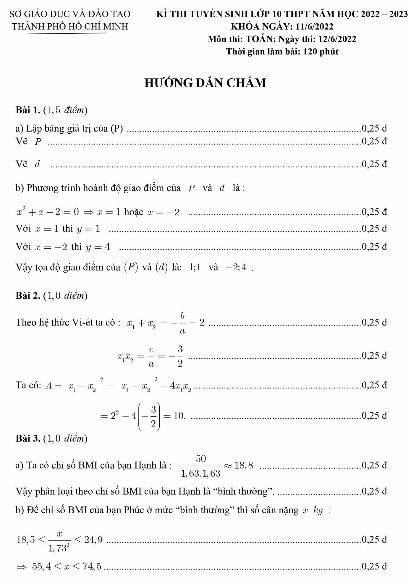 Đáp án chính thức môn Toán do Sở GD&amp;ĐT TP.HCM công bố.